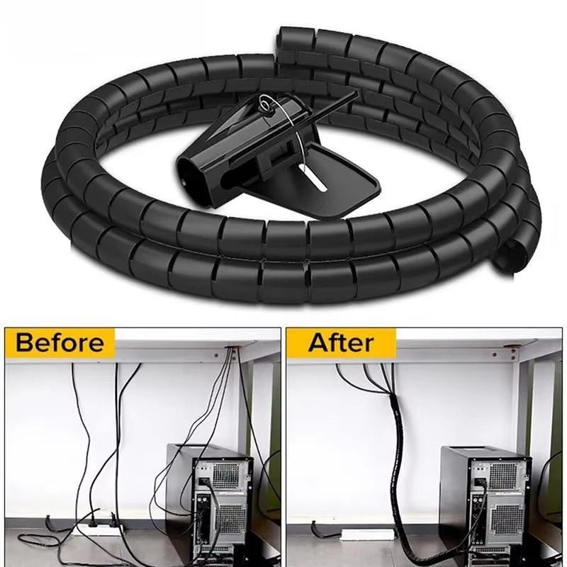 Cable Lock Flexible - 黒のフレキシブルケーブルワイヤープロテクター、ケーブルオーガナイザー、管理パイプ、ラップライン、コイルチューブ、オフィスコードスリーブカバー、2m、1m