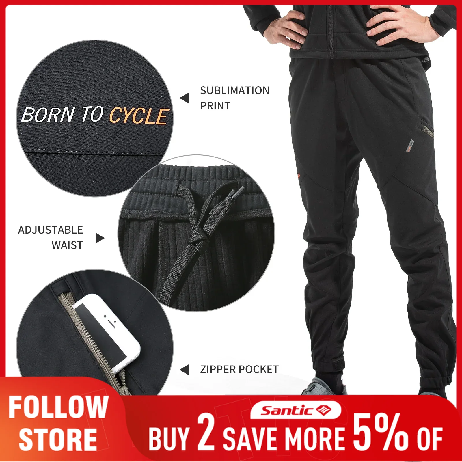 Cycling Commute Pants - Santic カジュアルサイクリングパンツメンズ冬アウトドアパッドなし防風スポーツズボンウエスト調整反射通勤自転車パンツ